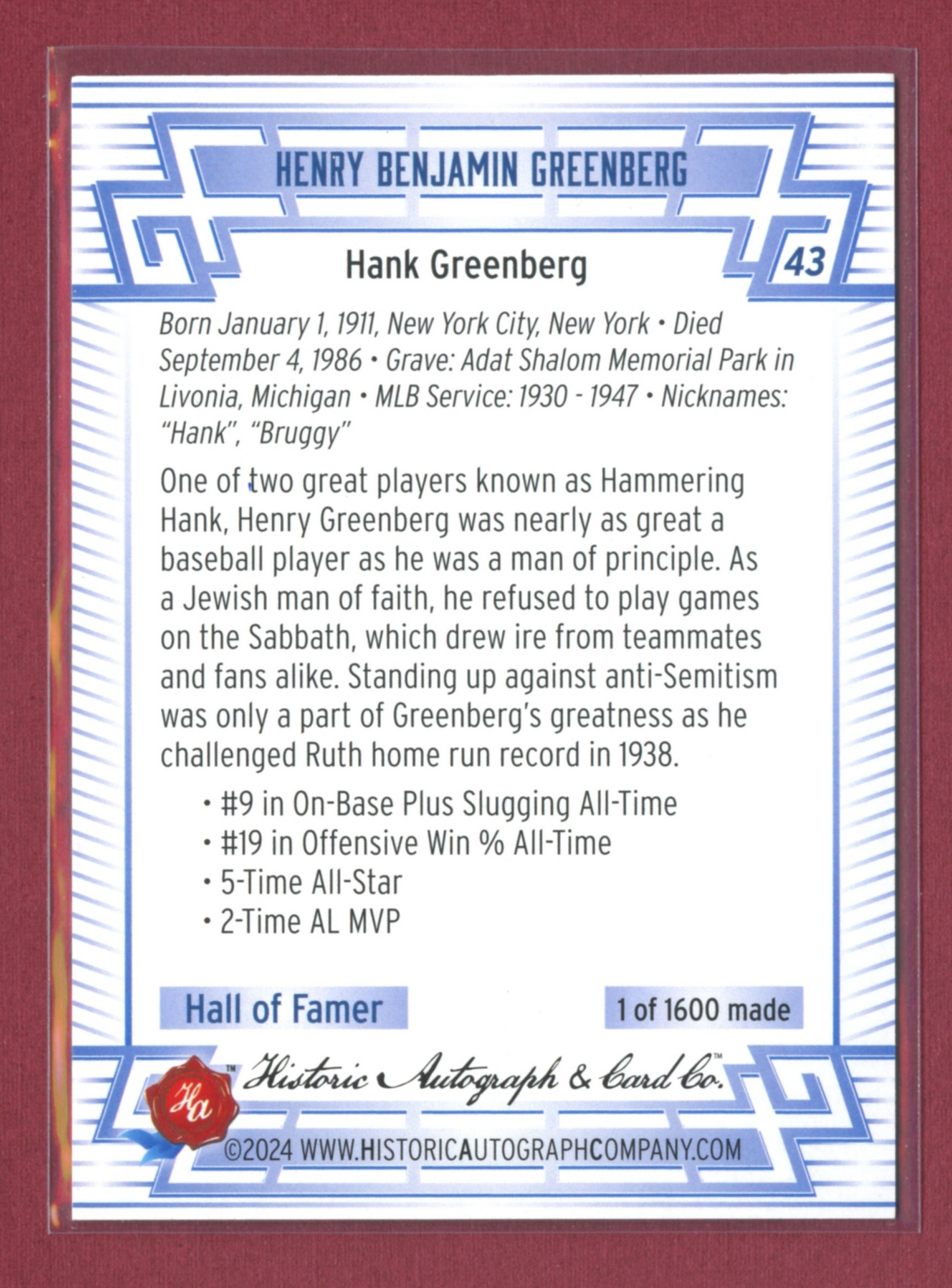 2024 Historic Autographs All-Time Greats Baseball • Variations & Inserts